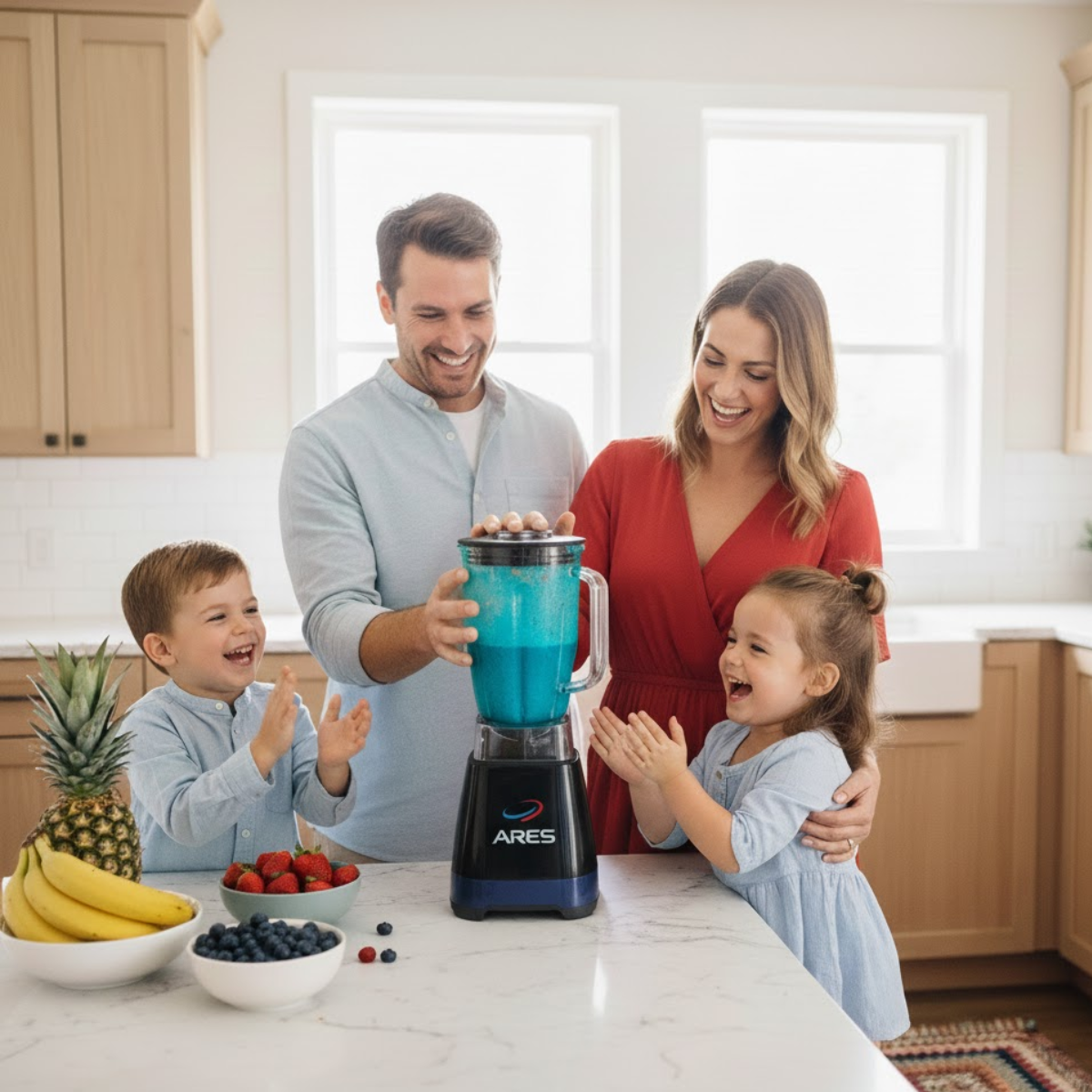 familia feliz con una licuadora