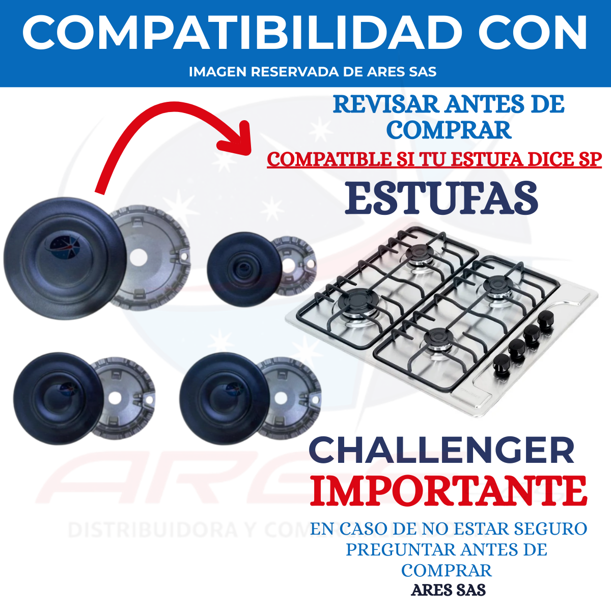 Juego X4 de Quemadores + Tapas Para Estufa Challenger SP