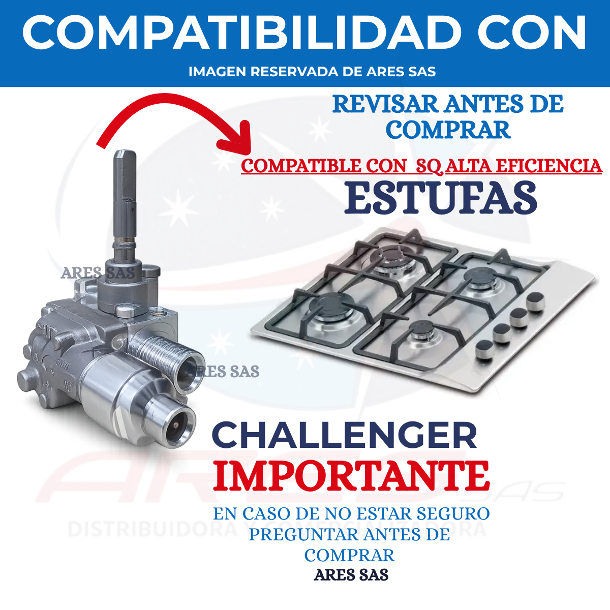 Valvula Para Estufa Challenger Aluminio SQ6765, SQ6767